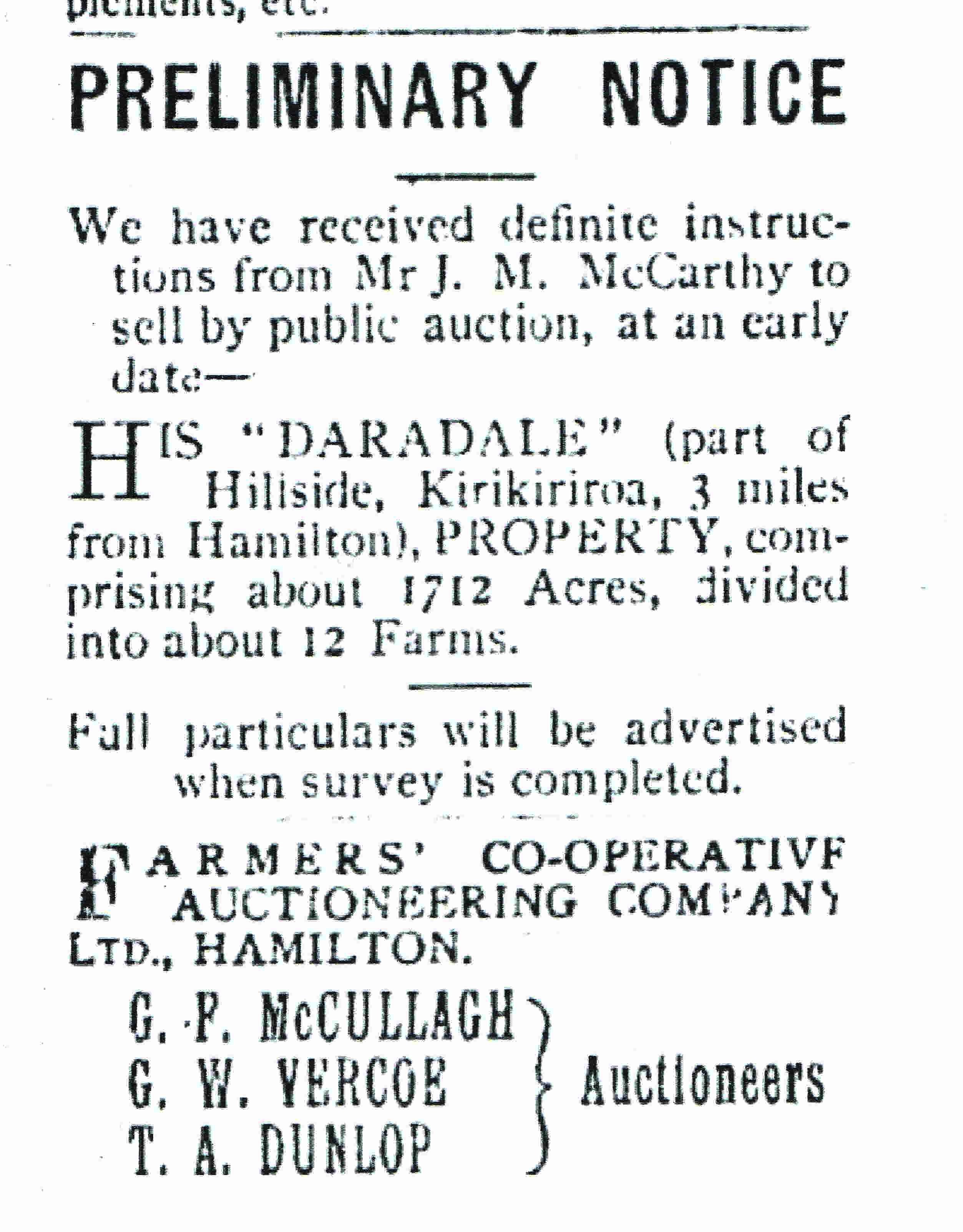 J M McCarthy land sale 1913