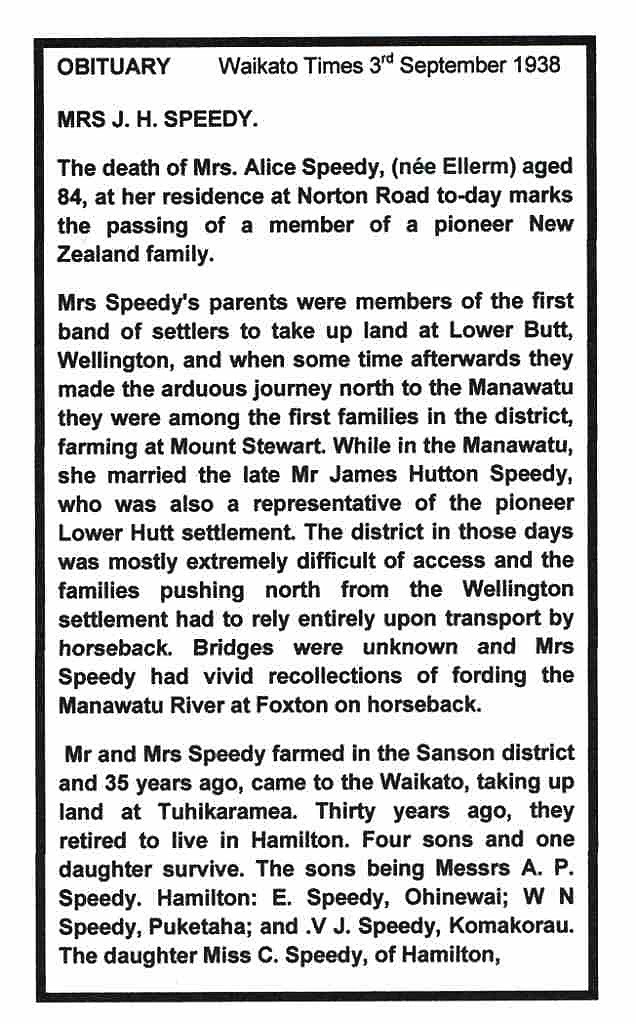 Alice Speedy Obit 1938