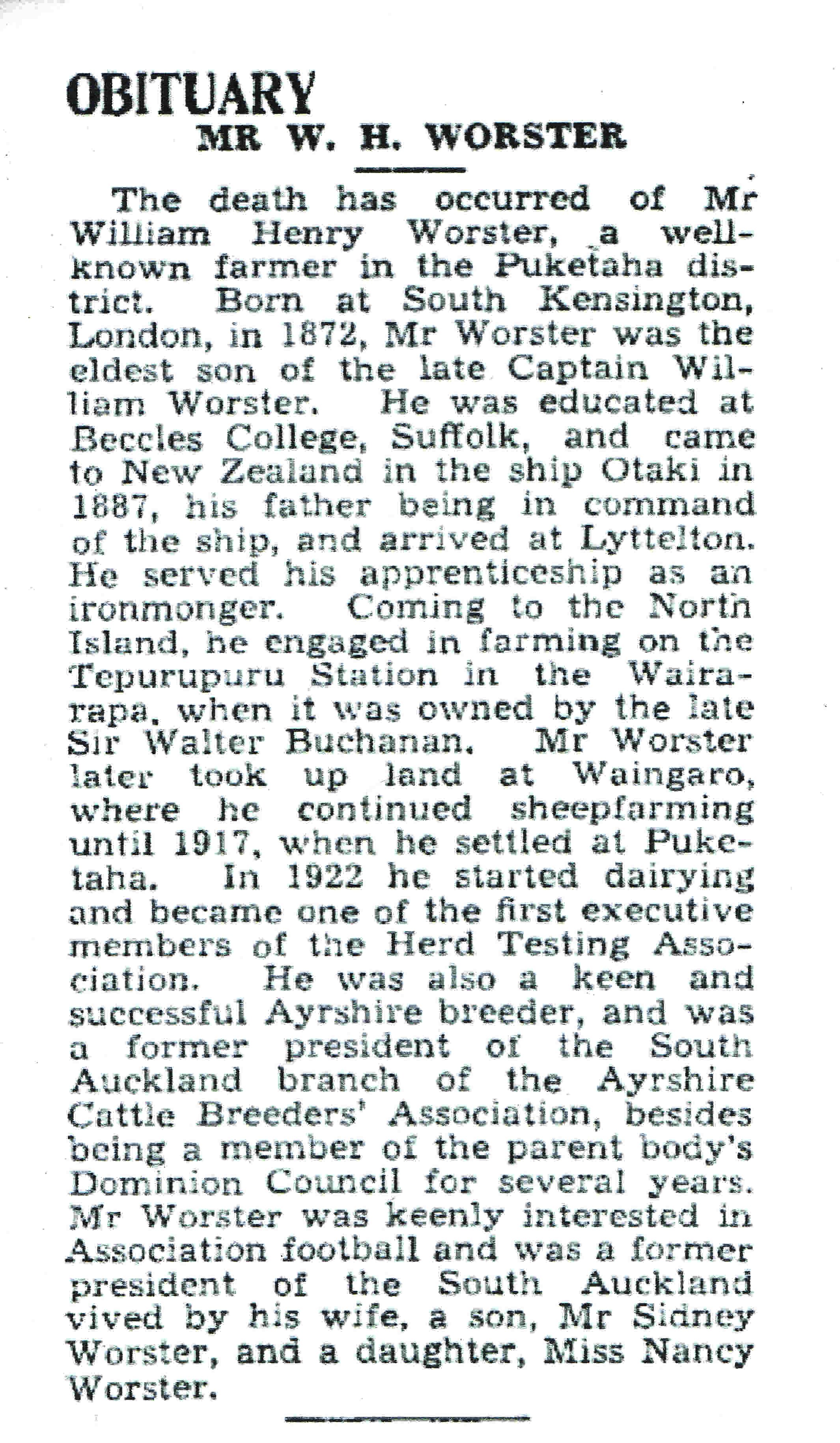 WH Worster Obit 1942